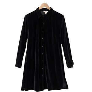 Annie Alexander Black Velvet Button Front Shirt Dress Soft Goth Size Medium